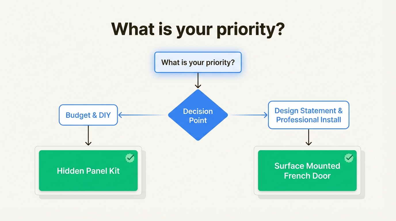 This decision tree helps you select the ideal door model based on your budget, installation skills, and design preferences.