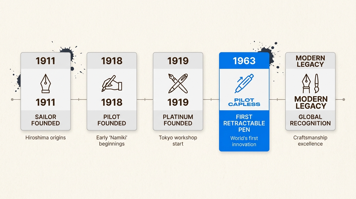 Explore the rapid evolution of Japanese fountain pens, from their early 20th-century origins to groundbreaking innovations like Pilot's retractable pen.