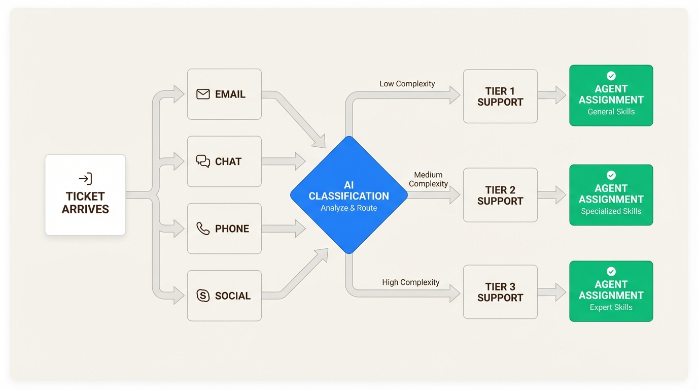 到着からエージェント割り当てまでのチケットルーティングワークフロー