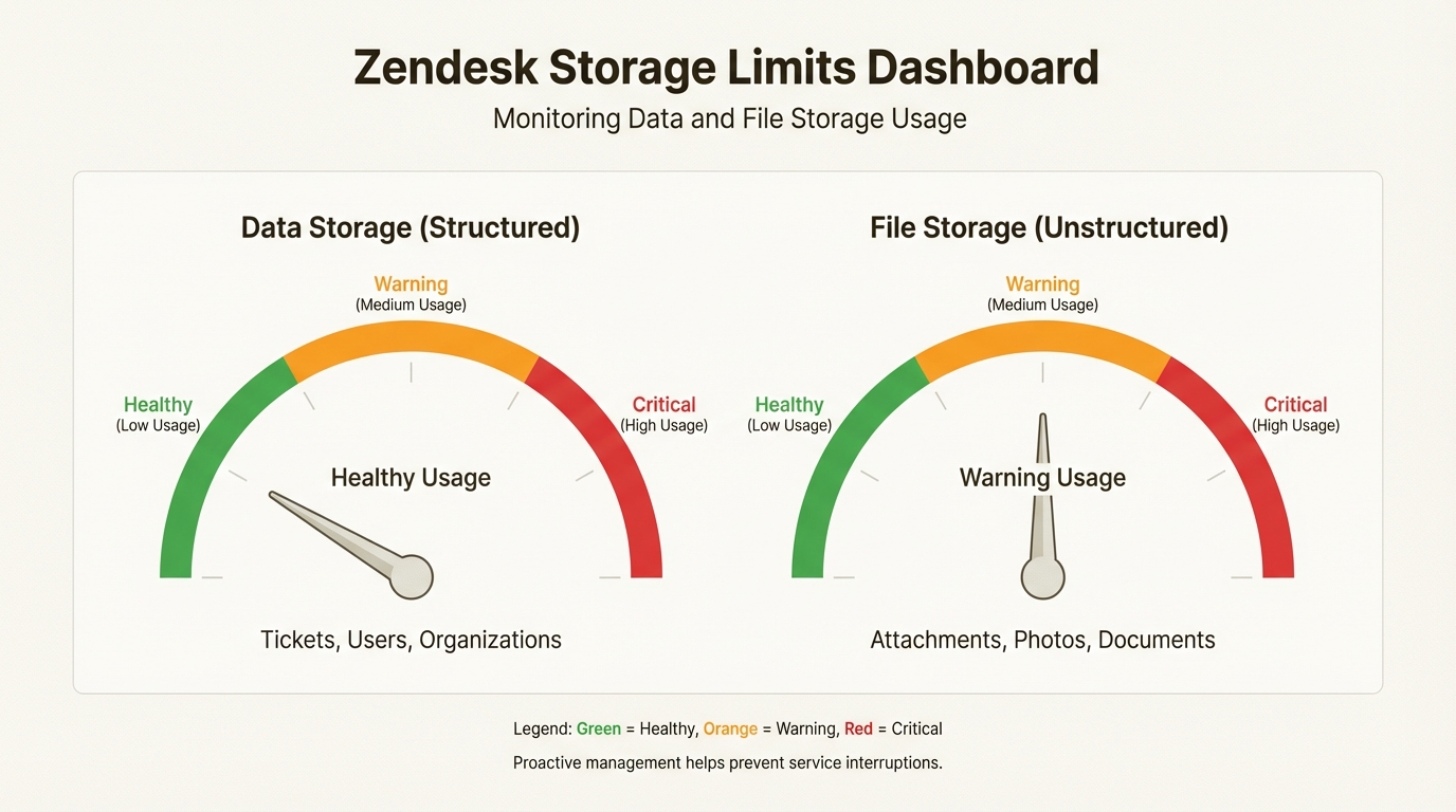 Painel de métricas de armazenamento com código de cores mostrando avisos de uso no limite de 80% laranja