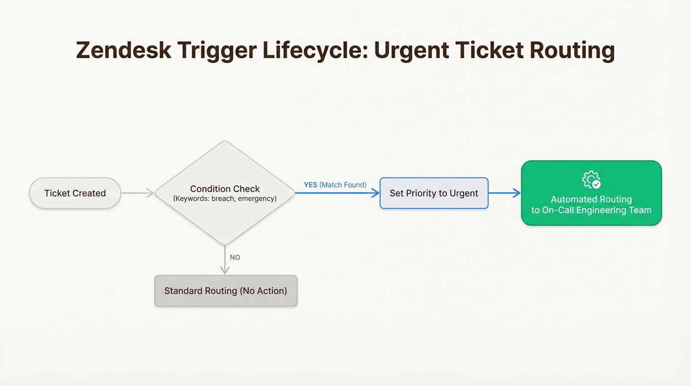 Ce flux de travail montre comment un seul déclencheur automatise le parcours de la détection initiale des mots-clés à la notification et au routage immédiats de l'équipe