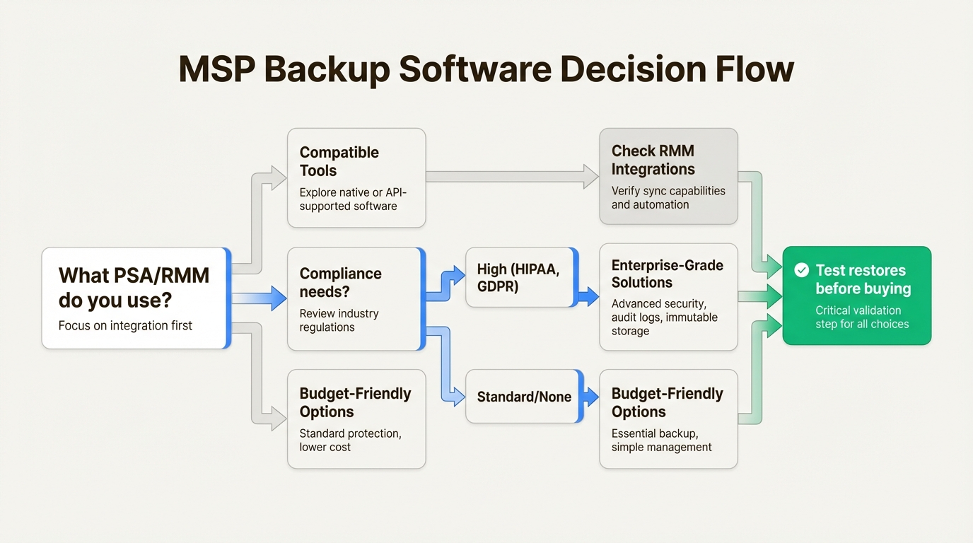 Decision tree for selecting a backup platform based on stack and client needs