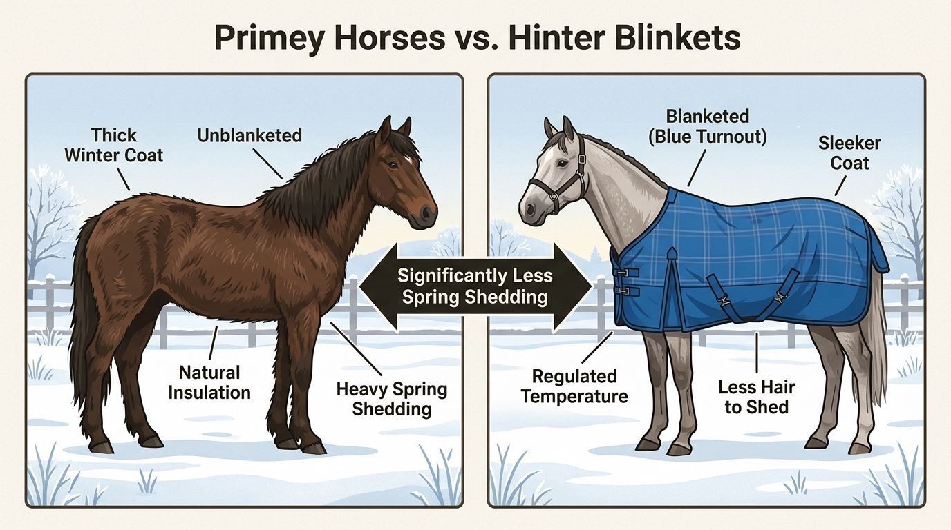 Strategic winter blanketing with a Kensington turnout reduces the density of the winter coat, leading to a faster and easier grooming season in spring.