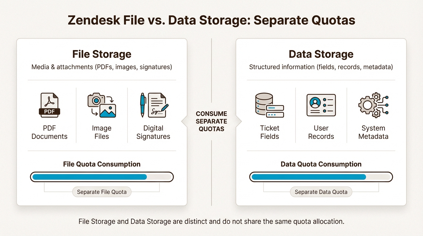 Das Verständnis des Unterschieds zwischen Datei- und Datenspeicher ist entscheidend für die Verwaltung Ihrer Zendesk-Kontobeschränkungen und die Vermeidung von Überschreitungsgebühren.