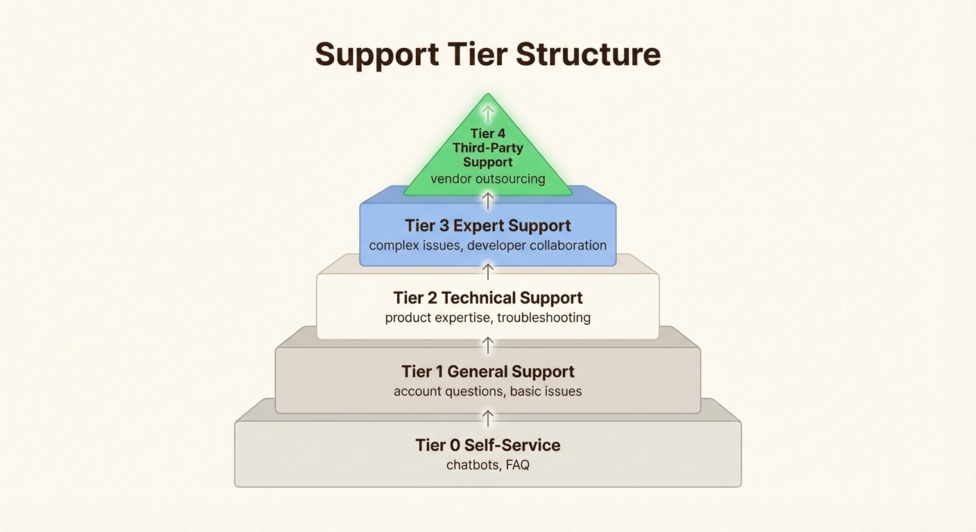Fünfstufiges Supportmodell, das die Eskalation vom Self-Service zum Experten-Support zeigt