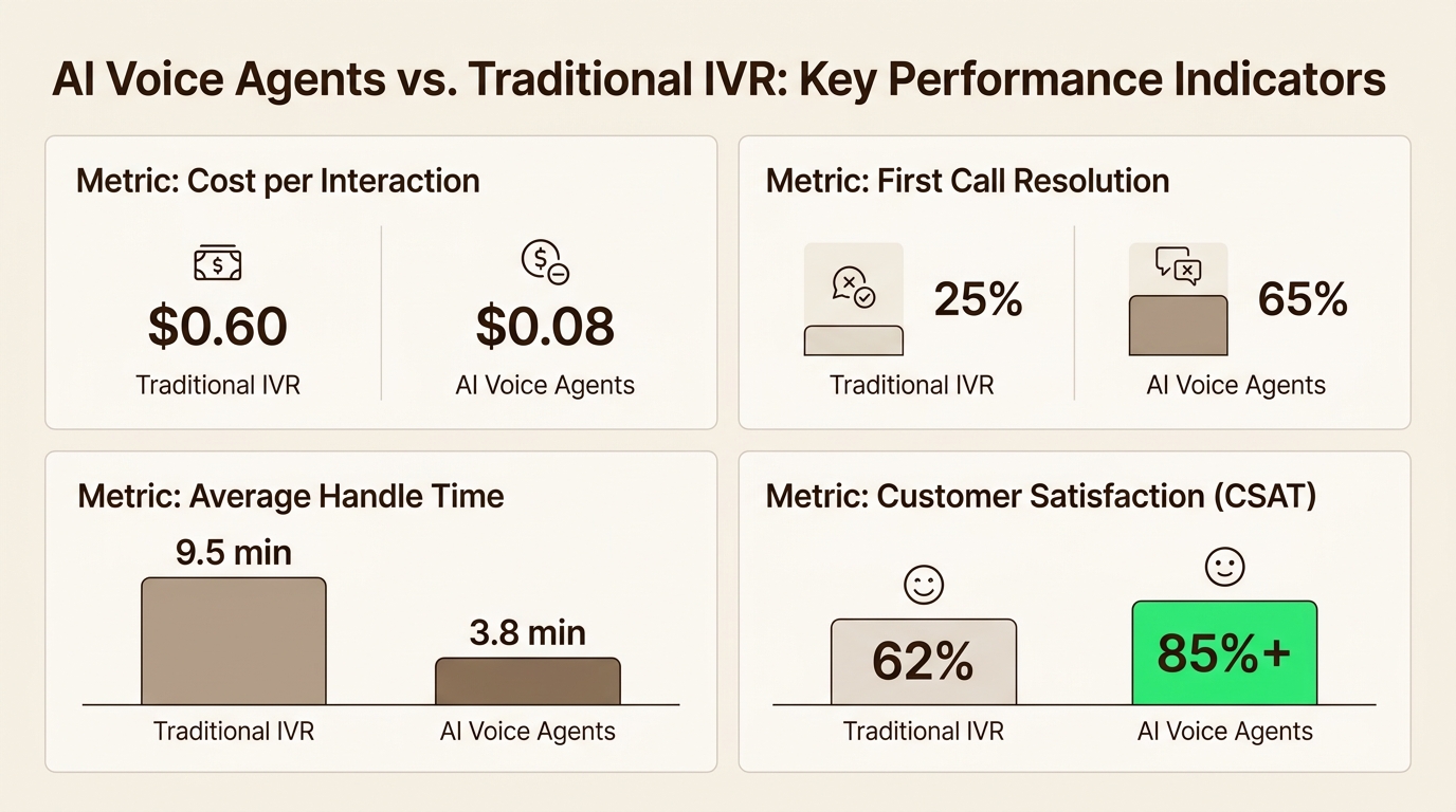 AI Voice Agents consistently surpass traditional IVR across critical enterprise KPIs, demonstrating clear ROI through improved efficiency and customer satisfaction.