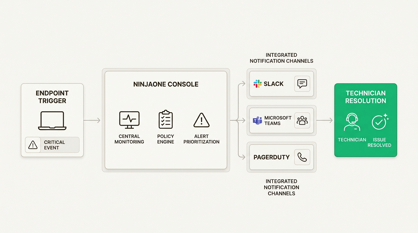 NinjaOne's multi-channel alerting ensures critical endpoint issues reach technicians instantly through their preferred communication tools, reducing response times.