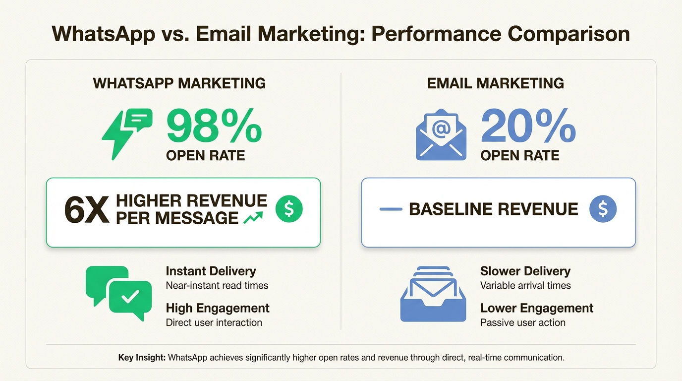 WhatsApp marketing metrics demonstrate why this channel outperforms traditional email for customer engagement.