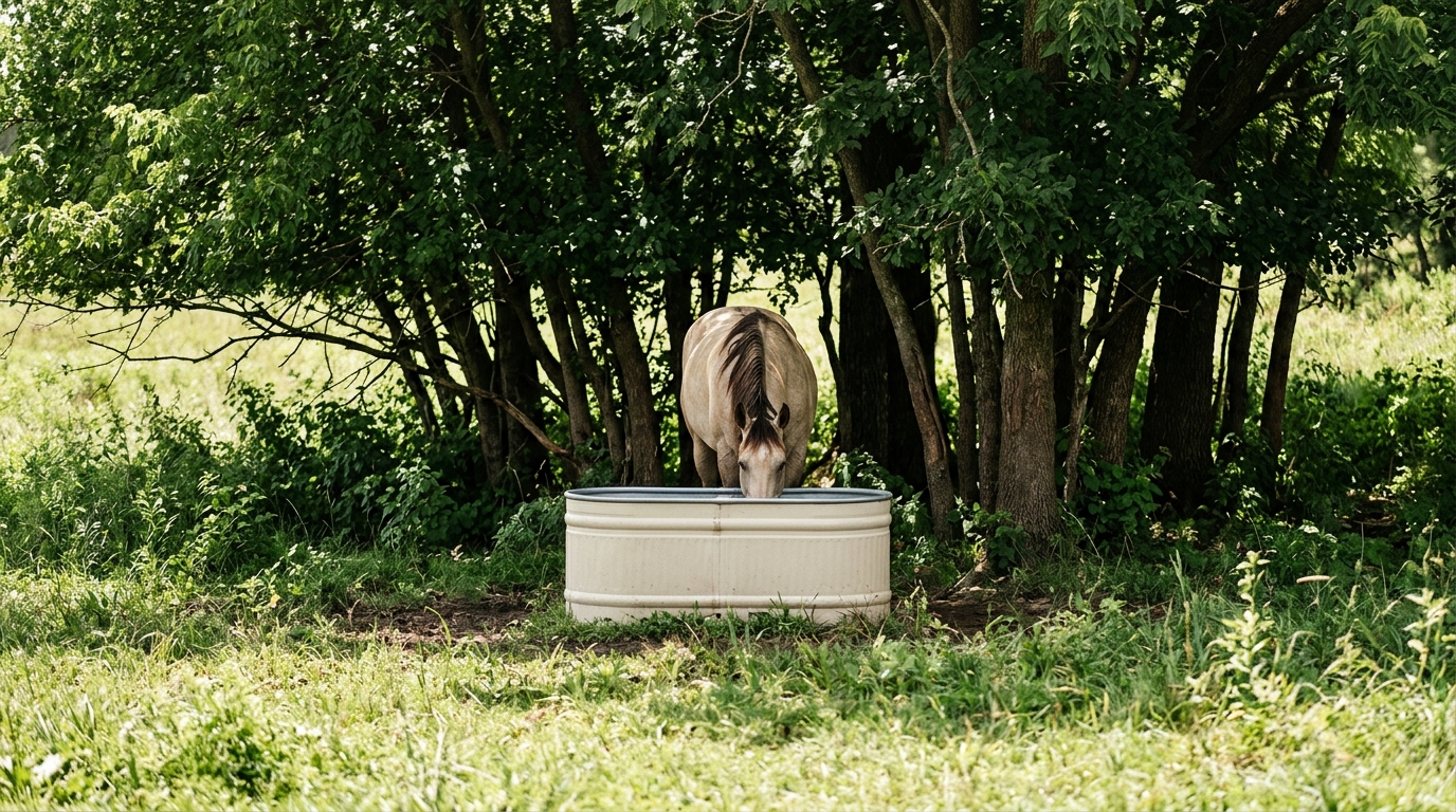 Placing water sources in shaded areas keeps water temperatures between 45 and 64 degrees Fahrenheit, encouraging horses to drink more frequently.