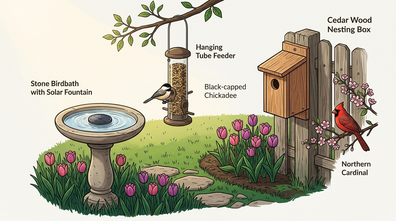 A well-equipped sanctuary combines food, water, and shelter to attract diverse bird species during the busy spring migration season.