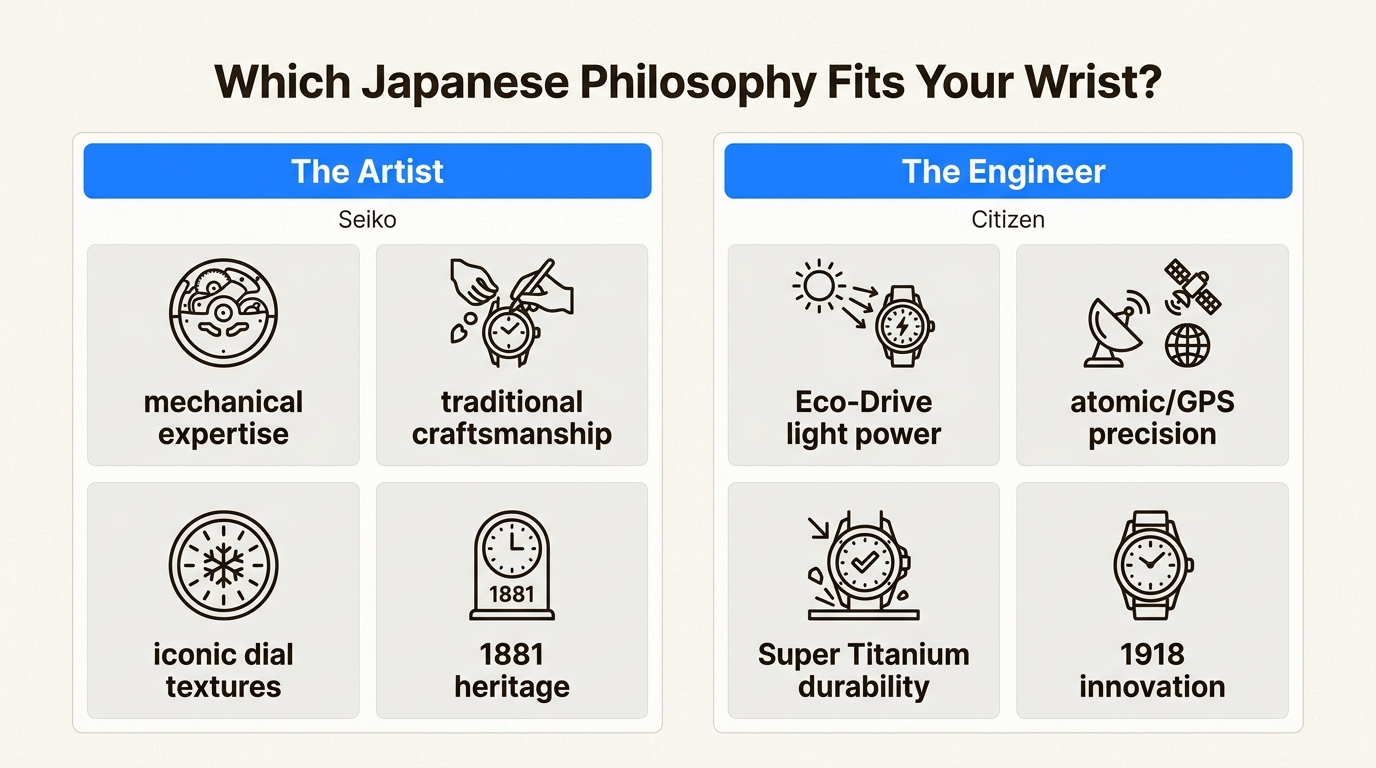 This infographic visually contrasts Seiko's artistic, heritage-driven approach with Citizen's engineering-focused, tech-forward philosophy, helping you choose based on your priorities.