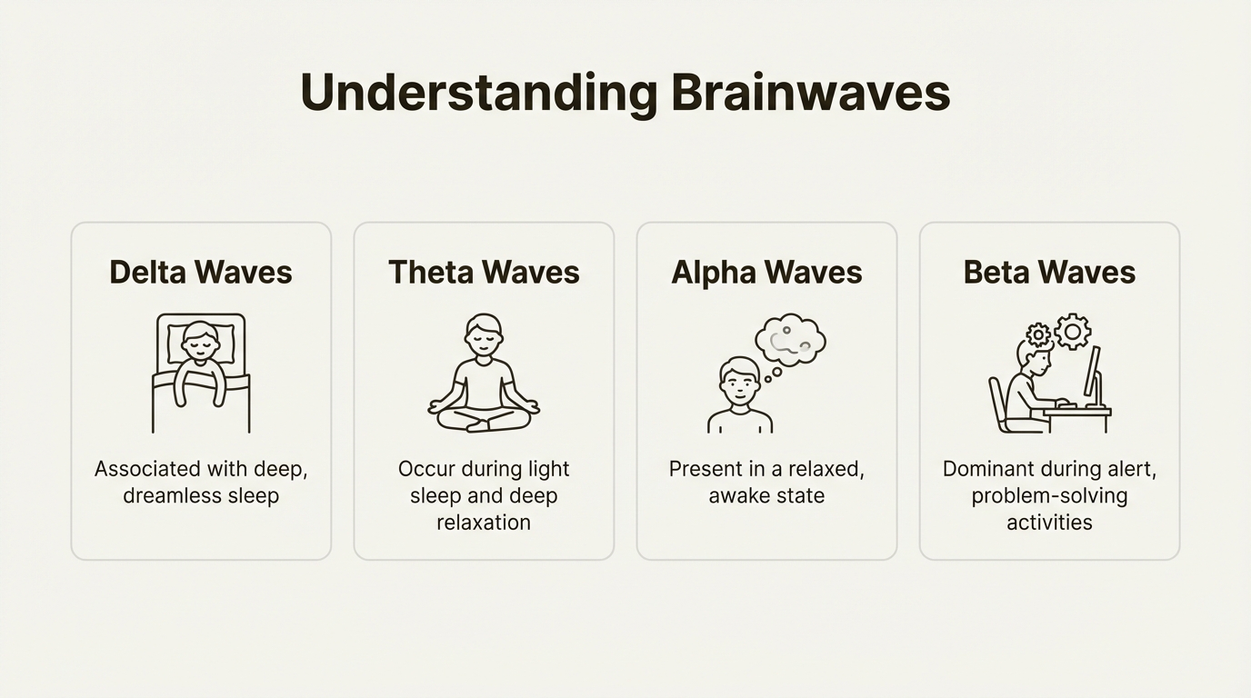 An infographic showing the four types of brainwaves and their associated mental states to explain the science behind The Genius Song.
