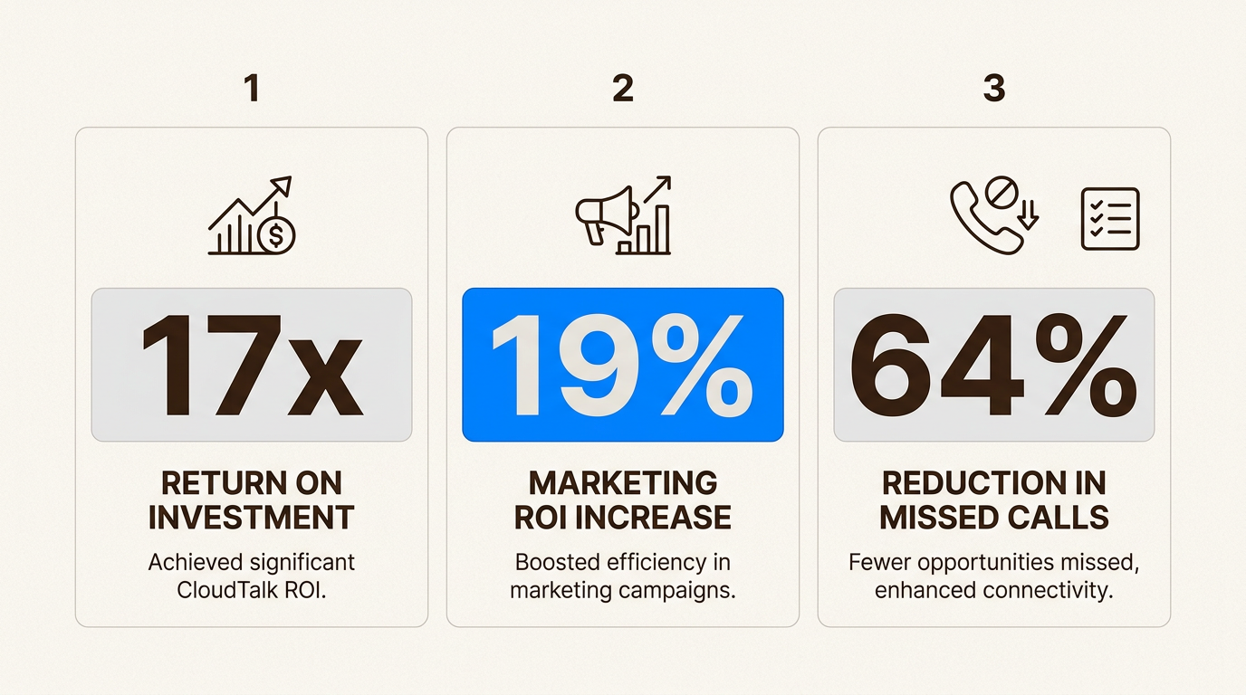 Mesures de performance des clients de CloudTalk montrant les améliorations du ROI dans les équipes de vente et de support