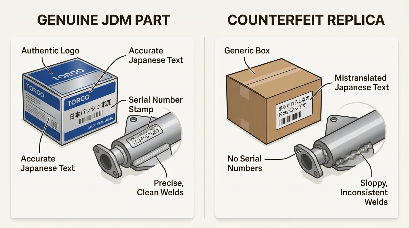 Visually distinguish authentic JDM car parts from counterfeits by examining packaging details, text accuracy, serial numbers, and weld quality.