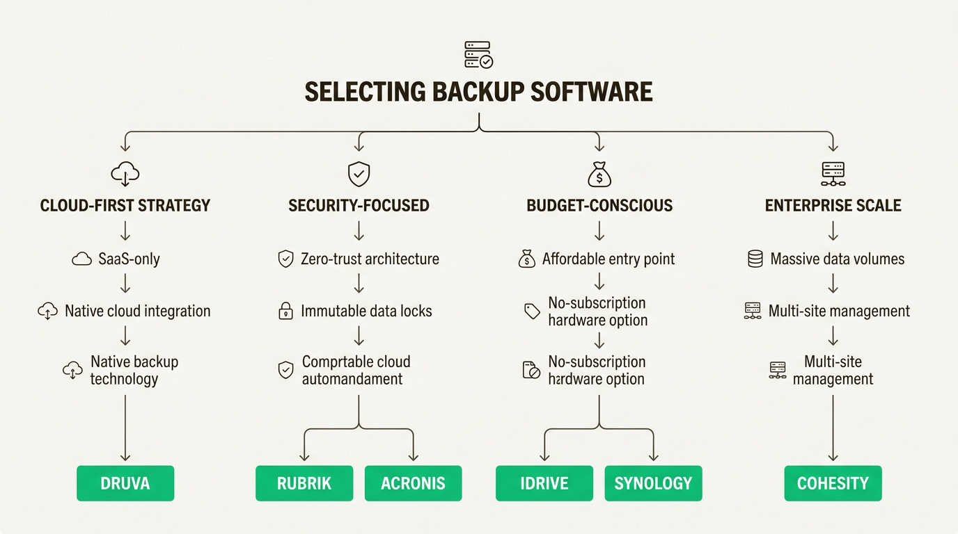 Decision tree mapping organizational priorities to suitable Veeam alternatives