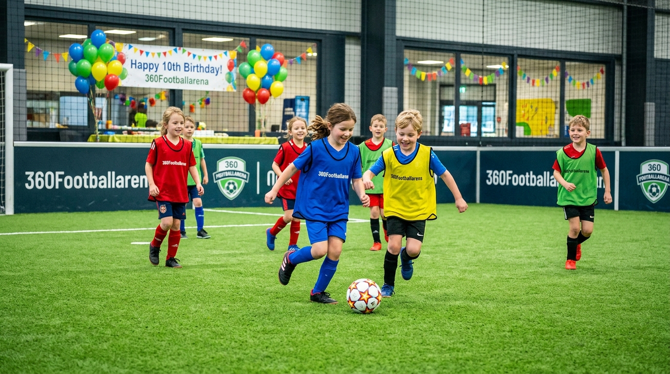 Kinder spielen Fussball in einer Indoor-Halle mit Kunstrasen