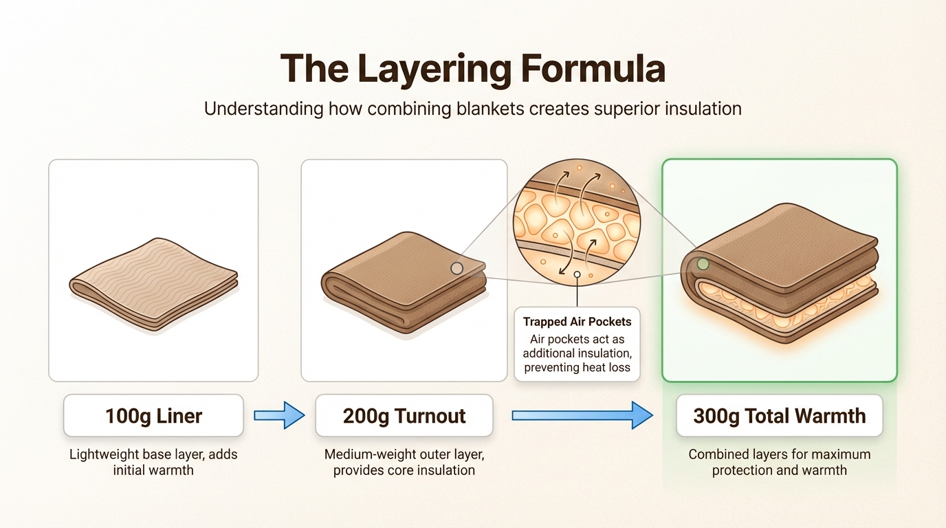 The layering formula shows how combining blankets creates more warmth than a single blanket of the same total weight