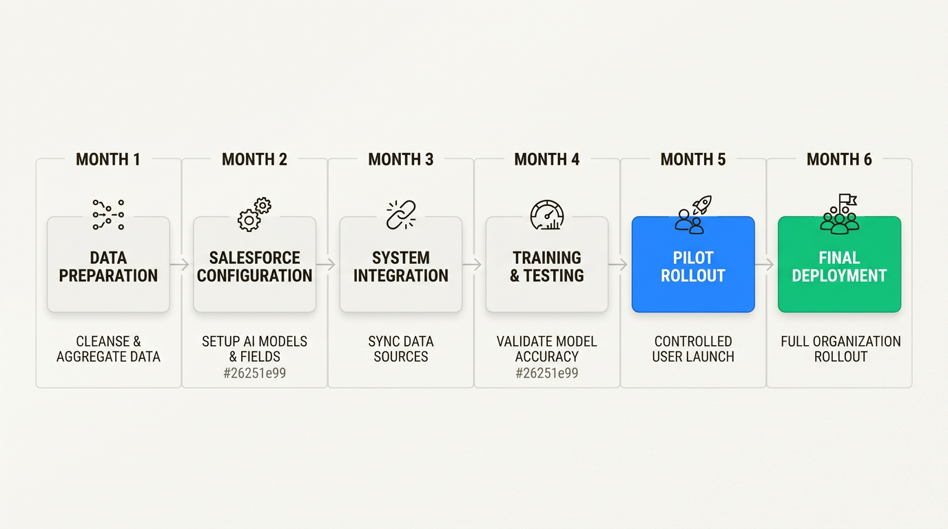 Cronograma de implantação da IA do Salesforce de vários meses, incluindo fases de preparação e teste de dados