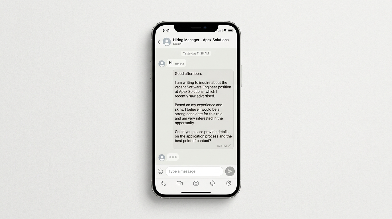 Well-formatted WhatsApp message balancing the platform's speed with professional tone