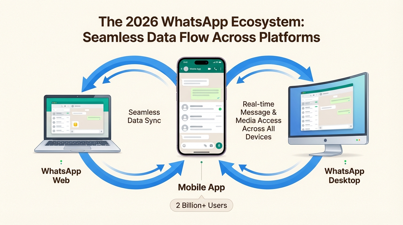 WhatsApp ecosystem synchronizing messages across mobile, web, and desktop platforms