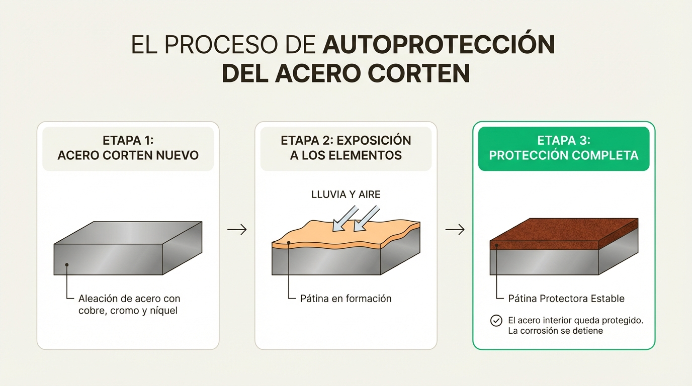 Un infográfico que muestra cómo el acero corten para jardín desarrolla su pátina protectora en tres etapas.
