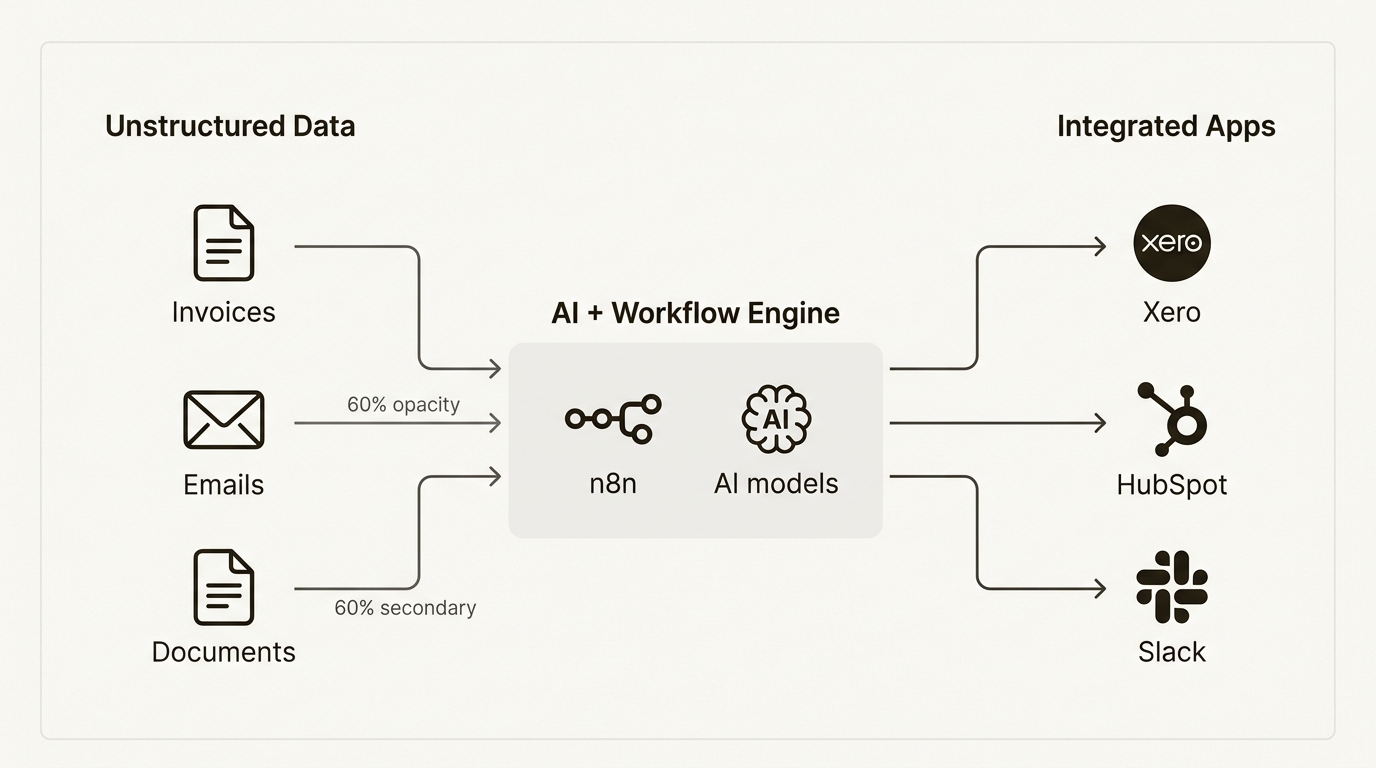 Visualize how smart process automation transforms messy real-world data into structured inputs for your essential business systems.