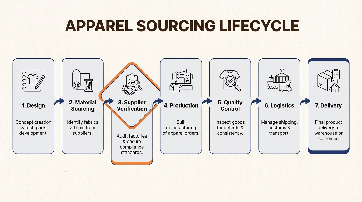 Apparel sourcing lifecycle showing critical touchpoints from design to delivery