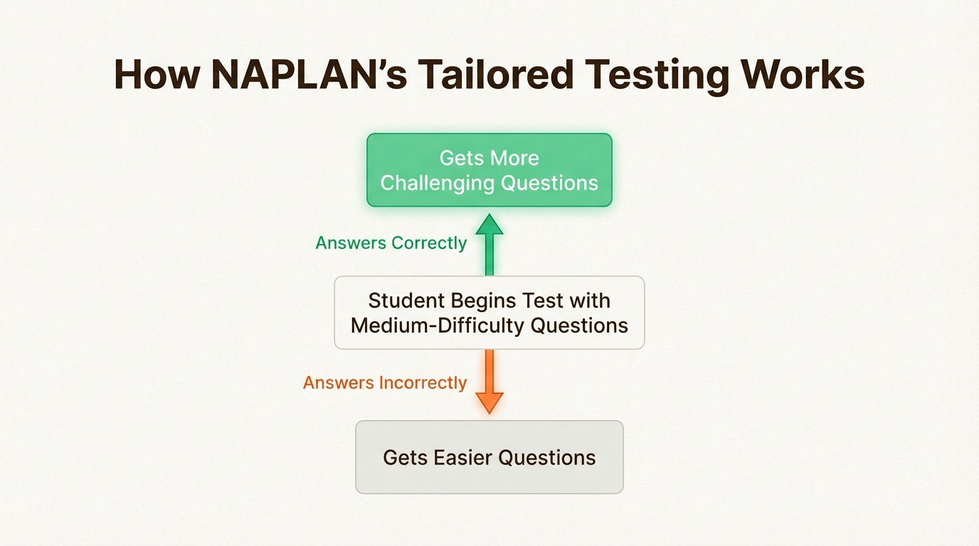 A diagram showing how the online tailored testing format for the NAPLAN 2026 NAPLAN practice papers adapts question difficulty based on student answers.