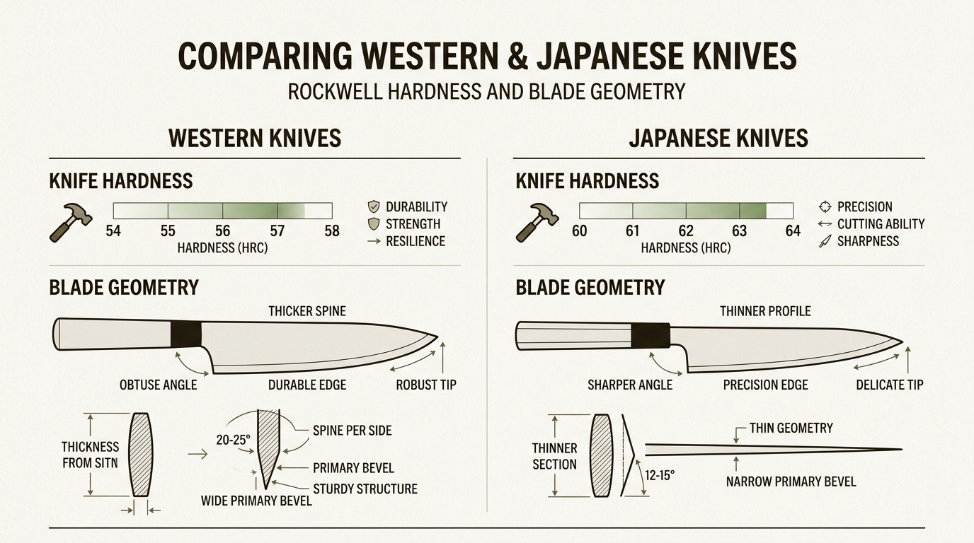 Understand how the higher hardness and thinner blade geometry of Japanese knives contribute to superior sharpness and edge retention compared to Western counterparts.
