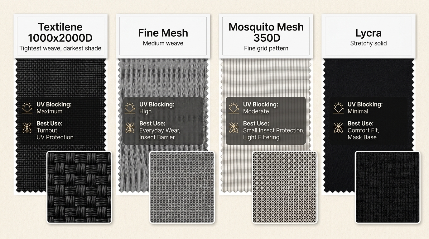Close-up comparison of fly mask materials with weave density and UV protection differences