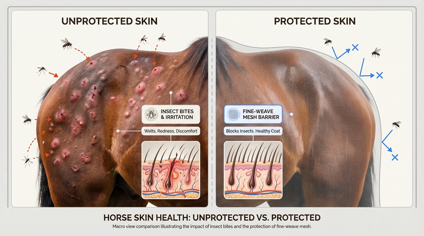 Comparing protected and unprotected skin highlights how mesh fabric prevents the painful welts and infections caused by summer pests.