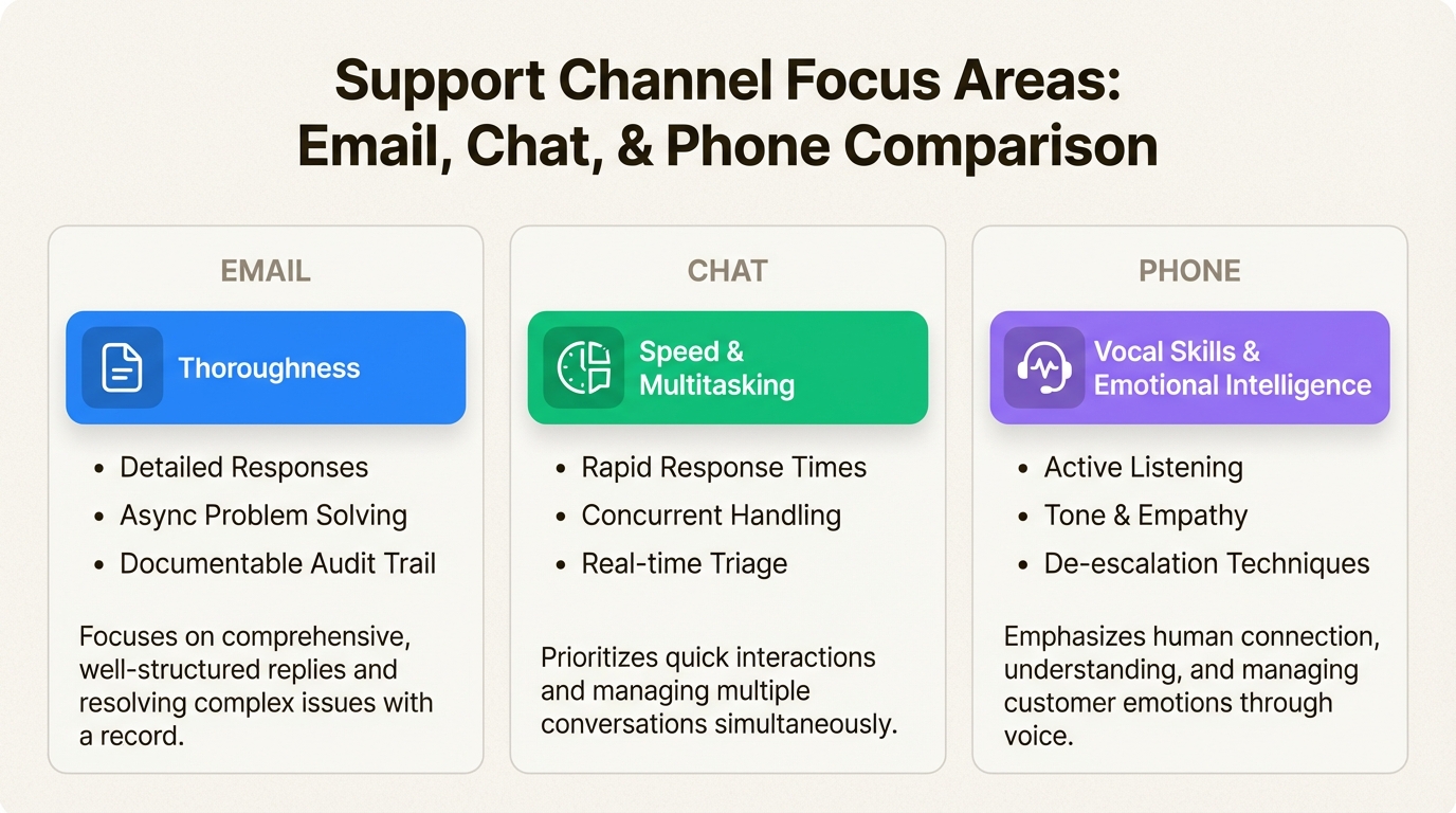 Pesos de criterios de control de calidad específicos del canal para soporte por correo electrónico, chat y teléfono