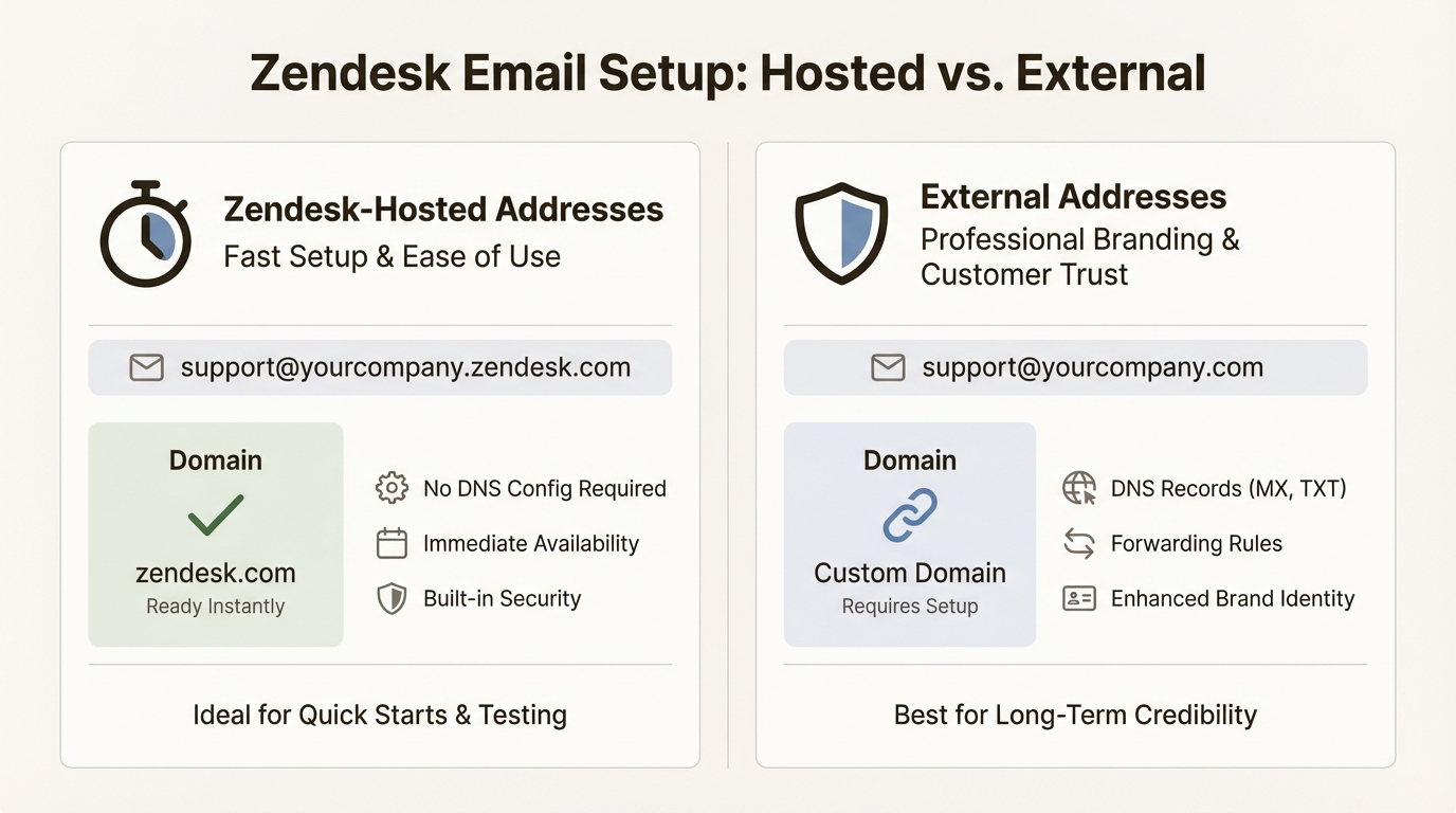 Comparación de las opciones de correo electrónico alojadas en Zendesk y externas para los equipos de soporte