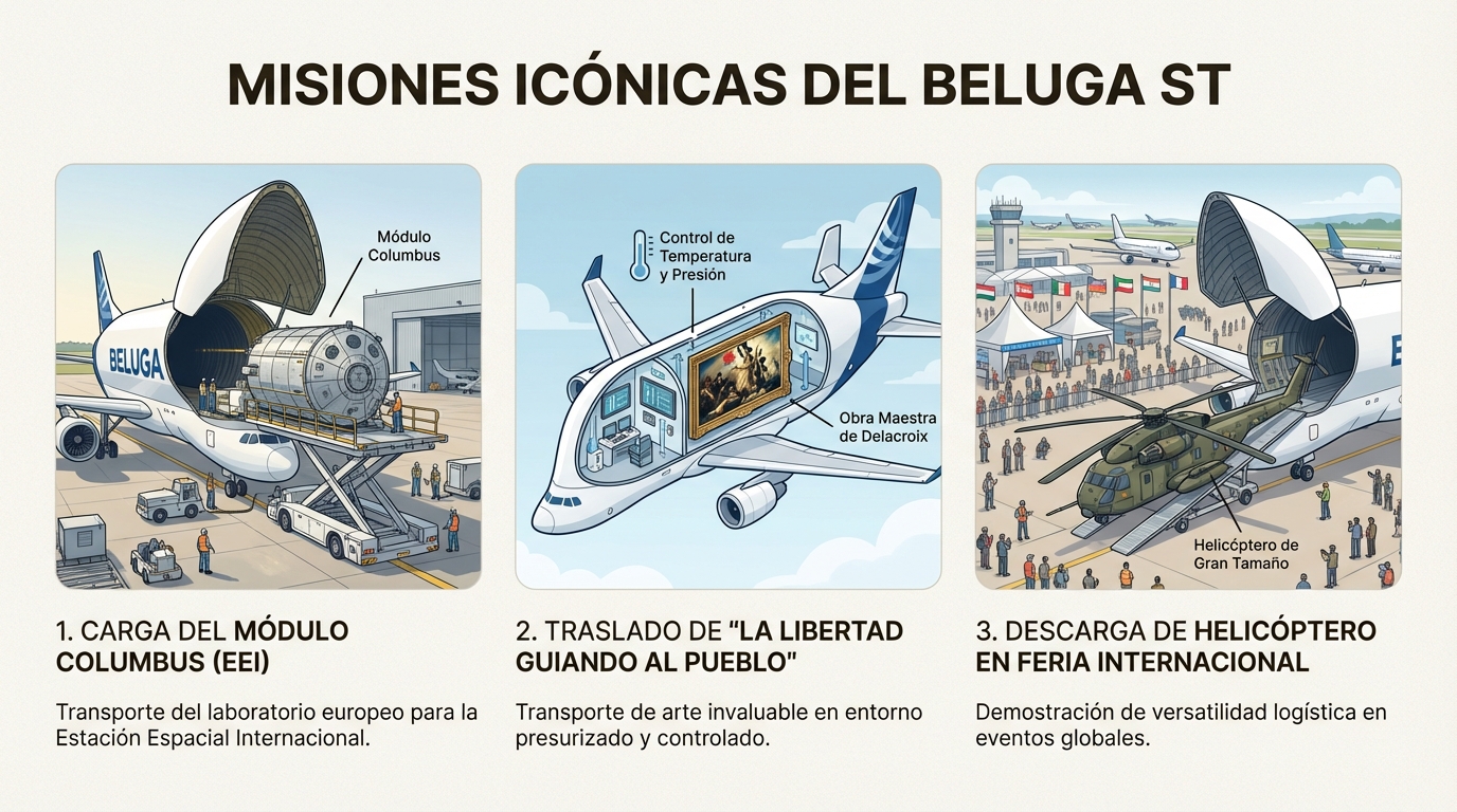 Infografía de las misiones icónicas del Beluga ST, desde módulos espaciales hasta obras de arte.