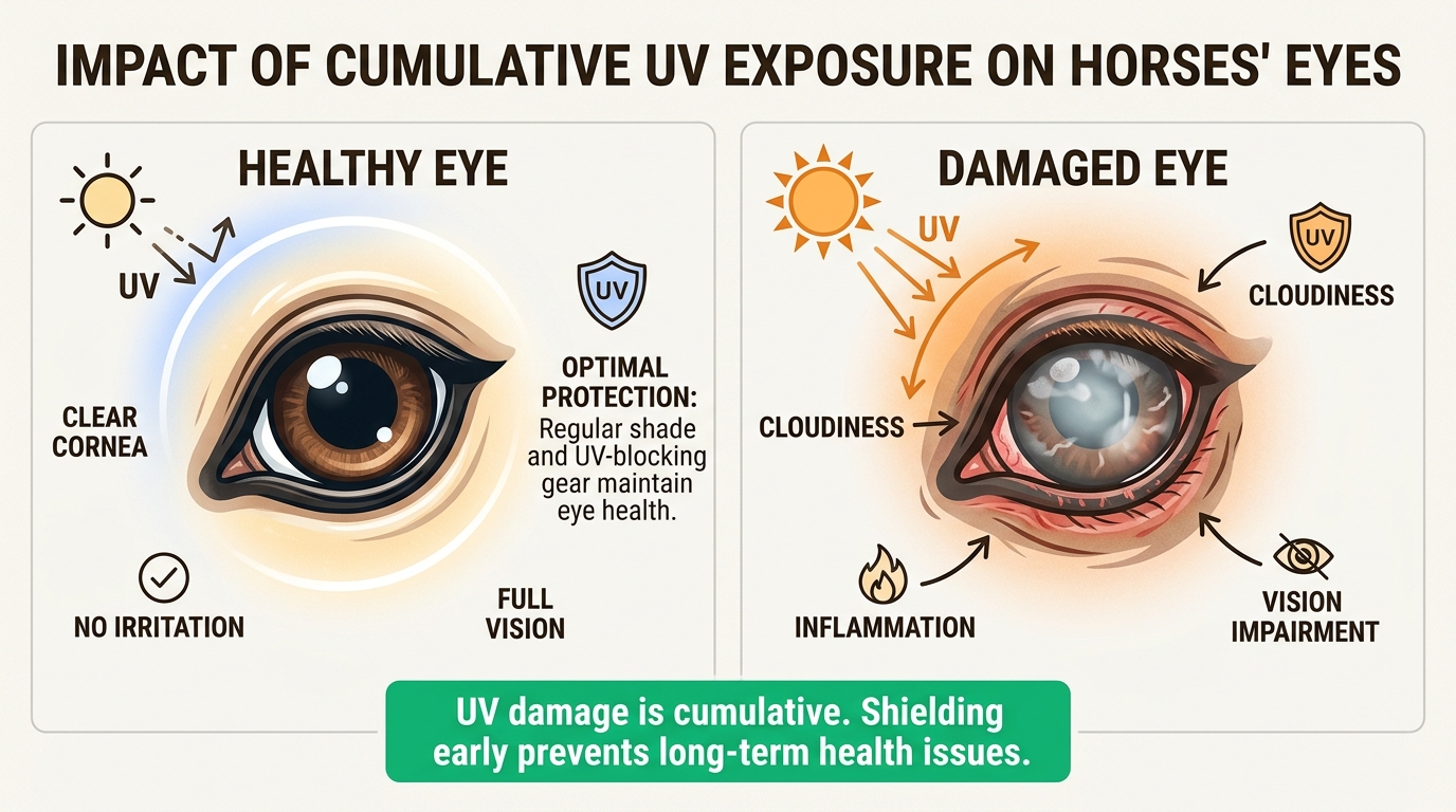 This infographic visually demonstrates how consistent UV exposure can lead to irreversible eye damage, highlighting the importance of early protection.