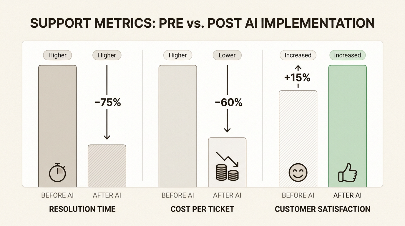 導入前後のメトリックを追跡すると、特殊なAIサポートエージェントの展開による明確な財務的および運用上の影響がわかります。