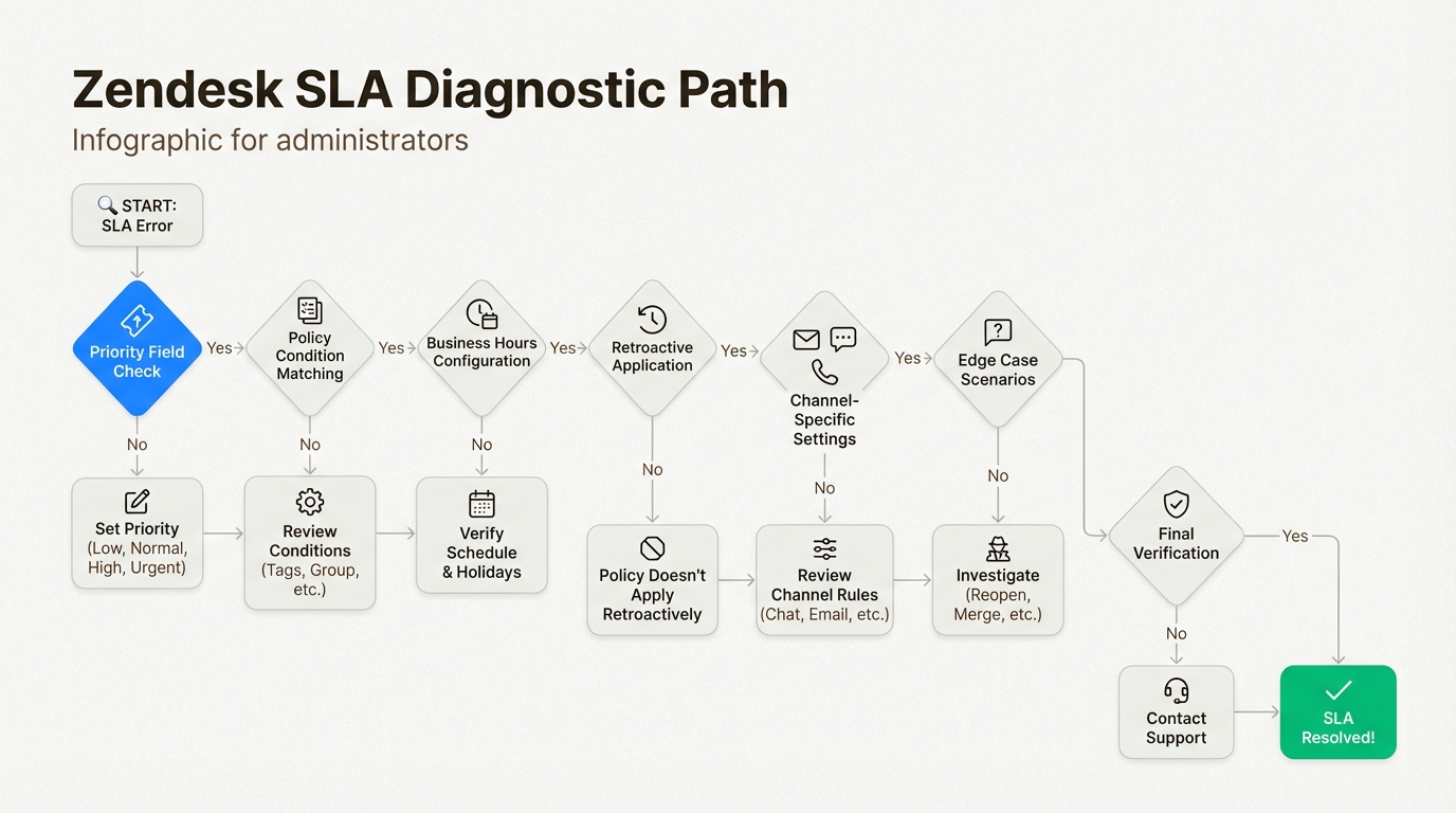 Organigramme de diagnostic pour identifier les erreurs de calcul des SLA Zendesk