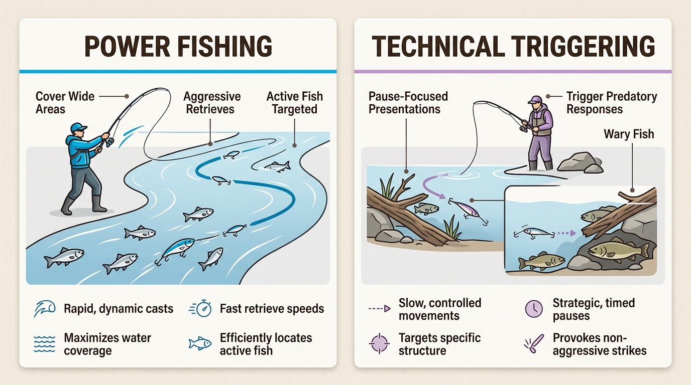 Understand the fundamental differences between Power Fishing and Technical Triggering to adapt your approach for high-pressure fishing environments.