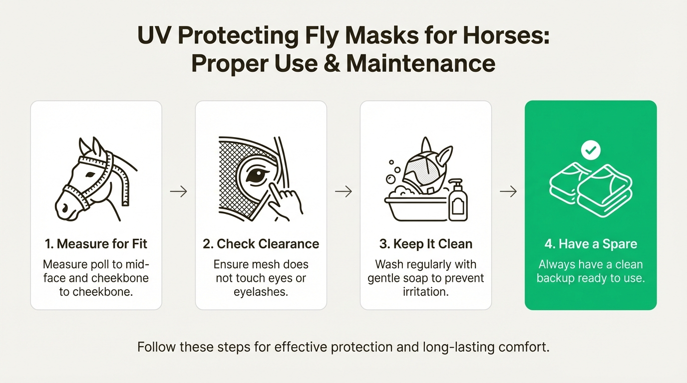 A four-step workflow showing how to measure, check, clean, and maintain UV protecting fly masks for horses.