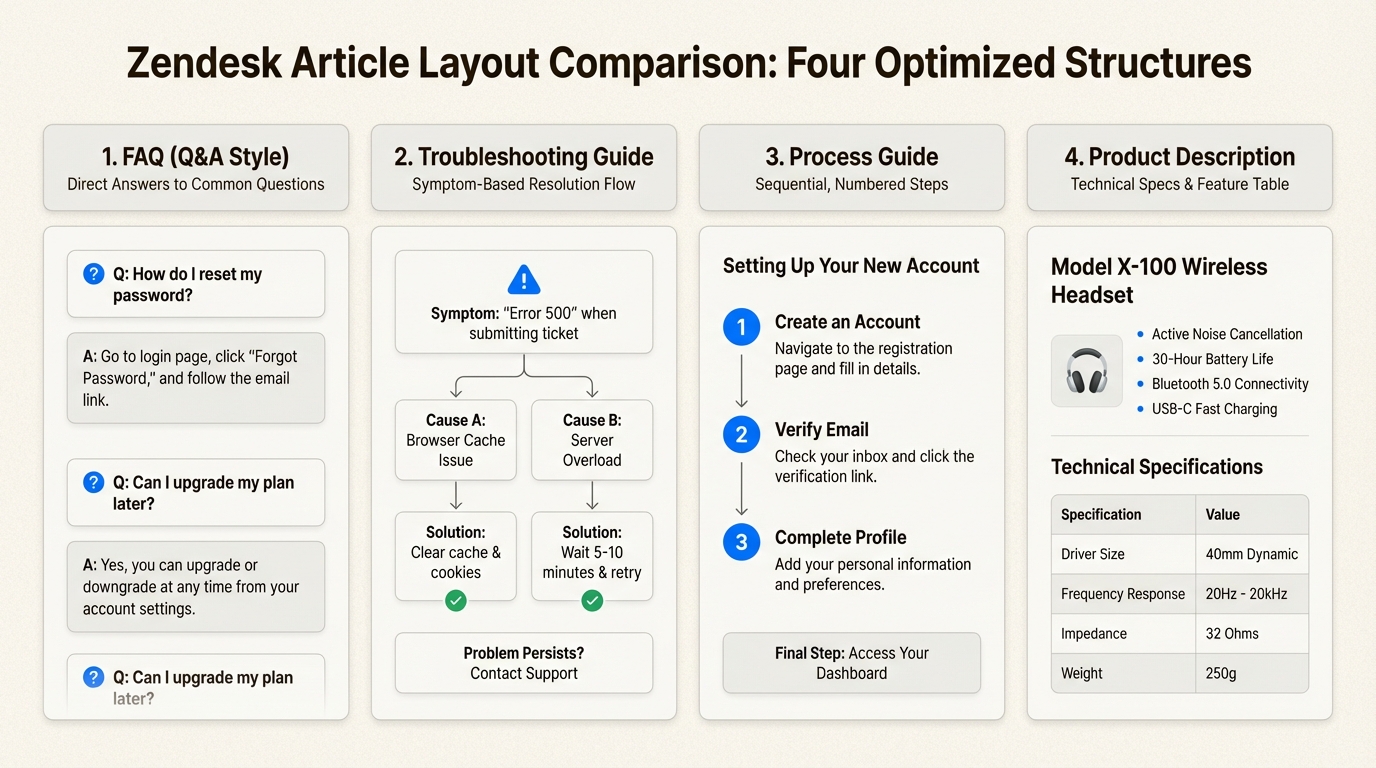 Quatro layouts de modelo fornecendo um ponto de partida consistente para os tipos mais comuns de conteúdo da base de conhecimento