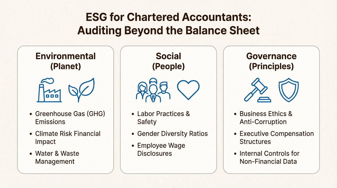 An infographic explaining the three pillars of an ESG career for Chartered Accountants: Environmental, Social, and Governance.