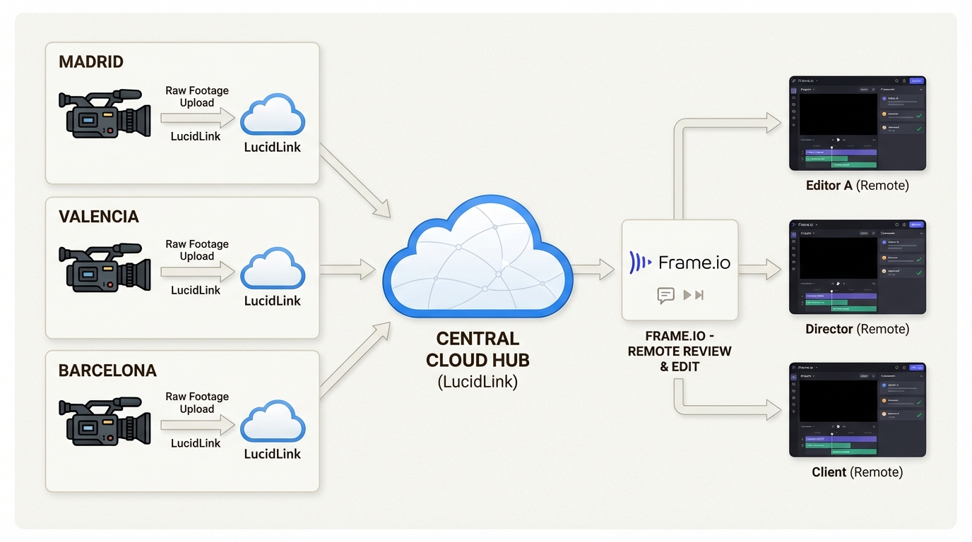 Flujos de trabajo en la nube que conectan equipos remotos con equipos de edición central