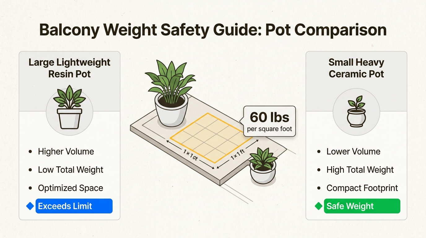 Lightweight resin and fabric containers allow for more plants while safely staying within balcony weight limits.
