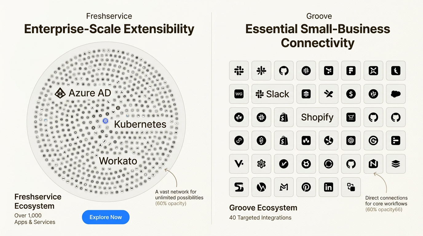 Comparaison de l’écosystème d’intégration montrant les plus de 1 000 options de Freshservice par rapport aux 40+ de Groove