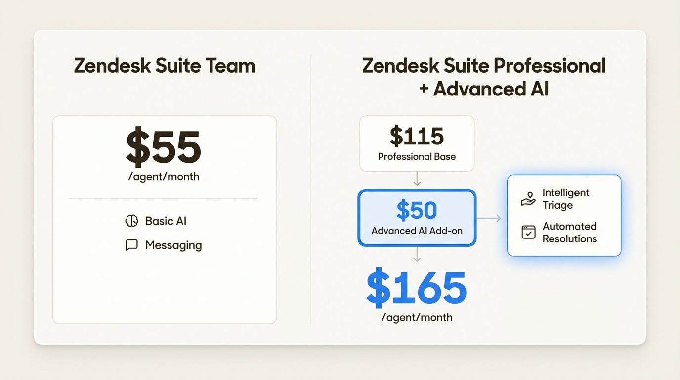 Comparação de preços mostrando o aumento de custo para os recursos avançados de IA do Zendesk