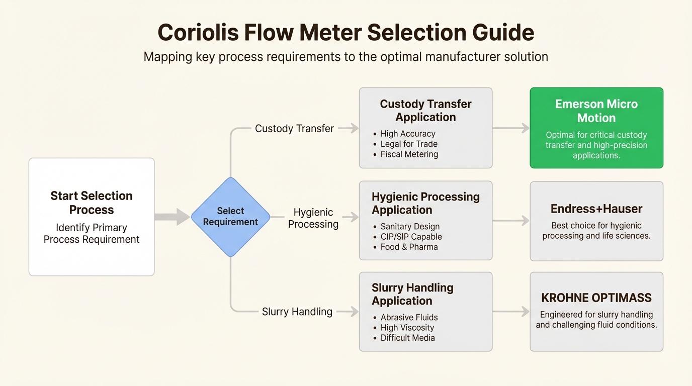 Selecting the right Coriolis vendor depends on balancing specific application needs like extreme temperatures against existing plant automation standards.