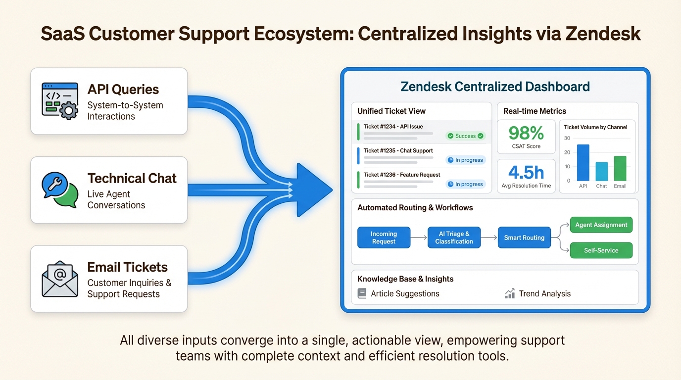 Un système de billetterie unifié rationalise le support SaaS complexe en regroupant les requêtes techniques provenant de plusieurs canaux dans un espace de travail gérable.