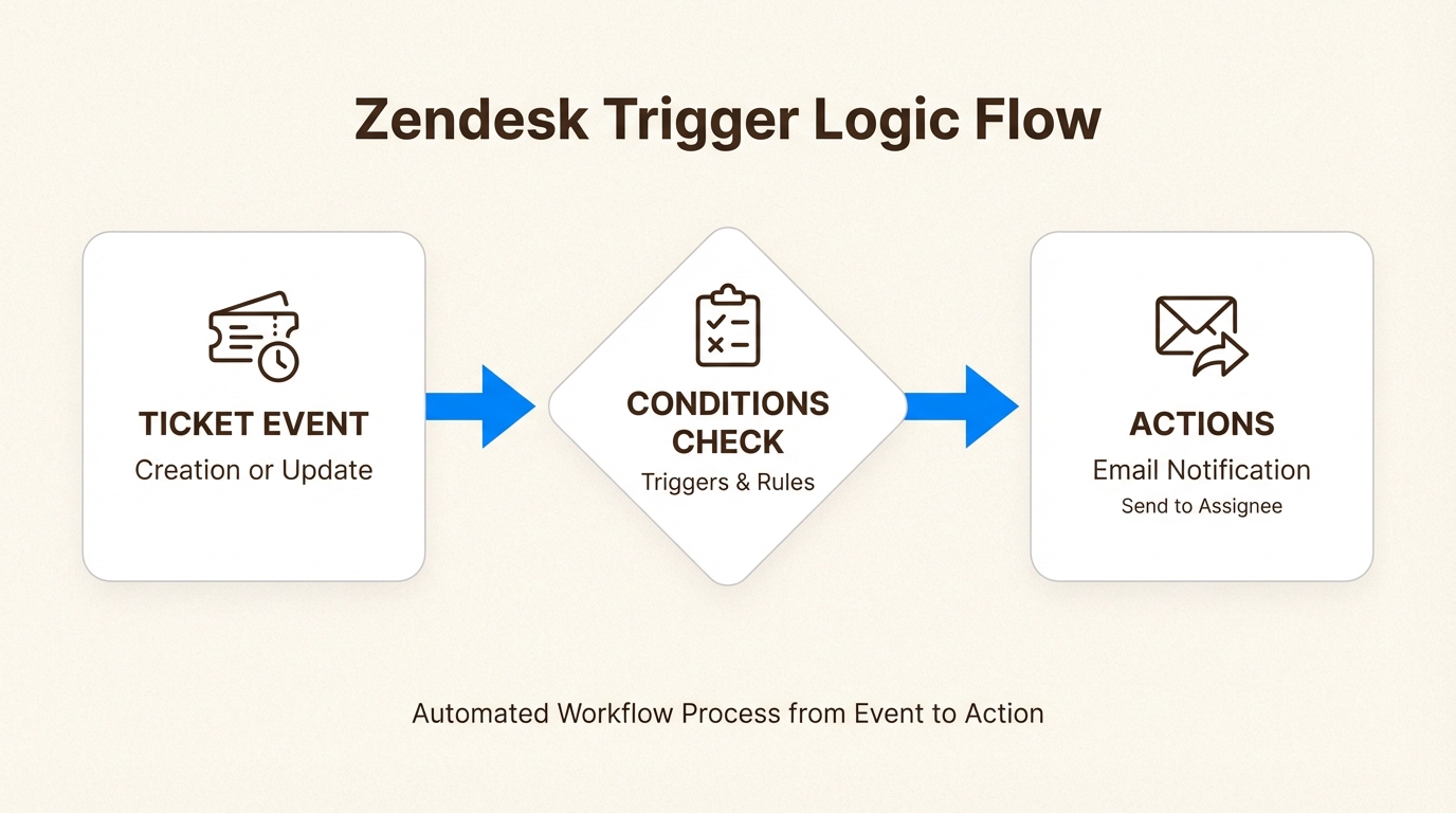 Flujo de trabajo del desencadenador de Zendesk para notificaciones automatizadas por correo electrónico
