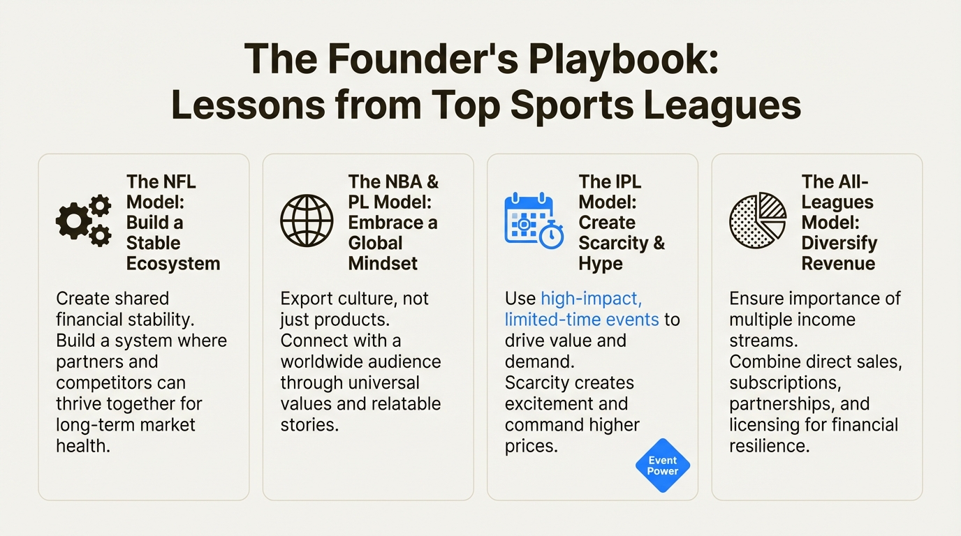 An infographic summarizing key business lessons from each top sports league by revenue, including ecosystem building, globalization, and creating scarcity.