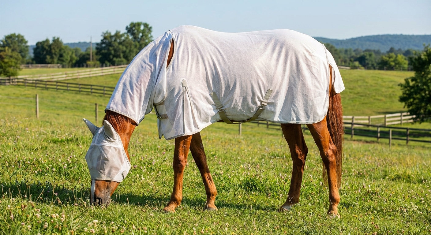 A well-fitted fly sheet provides a physical shield against biting insects while keeping your horse cool in direct sunlight.